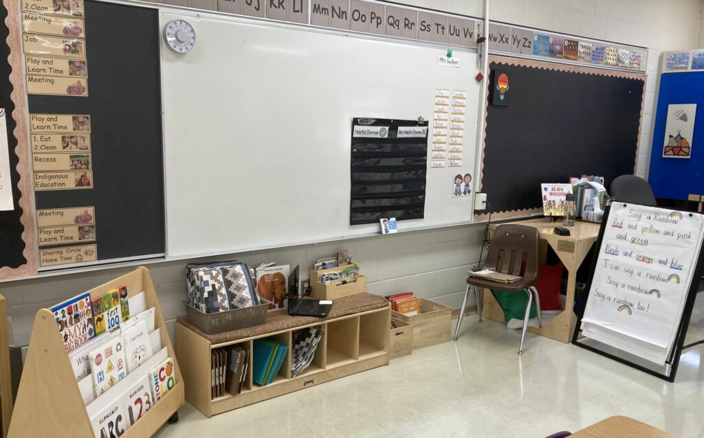 Whole class meeting area  in a Play-based grade 1 classroom